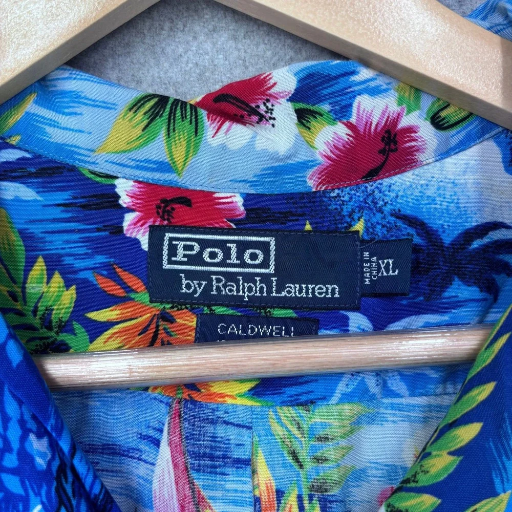VTG 90s Polo Ralph Lauren Hawaiian Shirt Mens XL Blue 100% Rayon Floral Caldwell